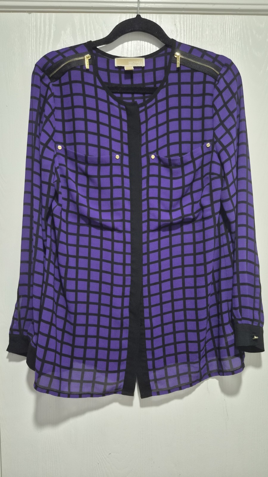 MICHAEL Michael Kors Purple and Black Grid Pattern Long Sleeve Blouse Sz M