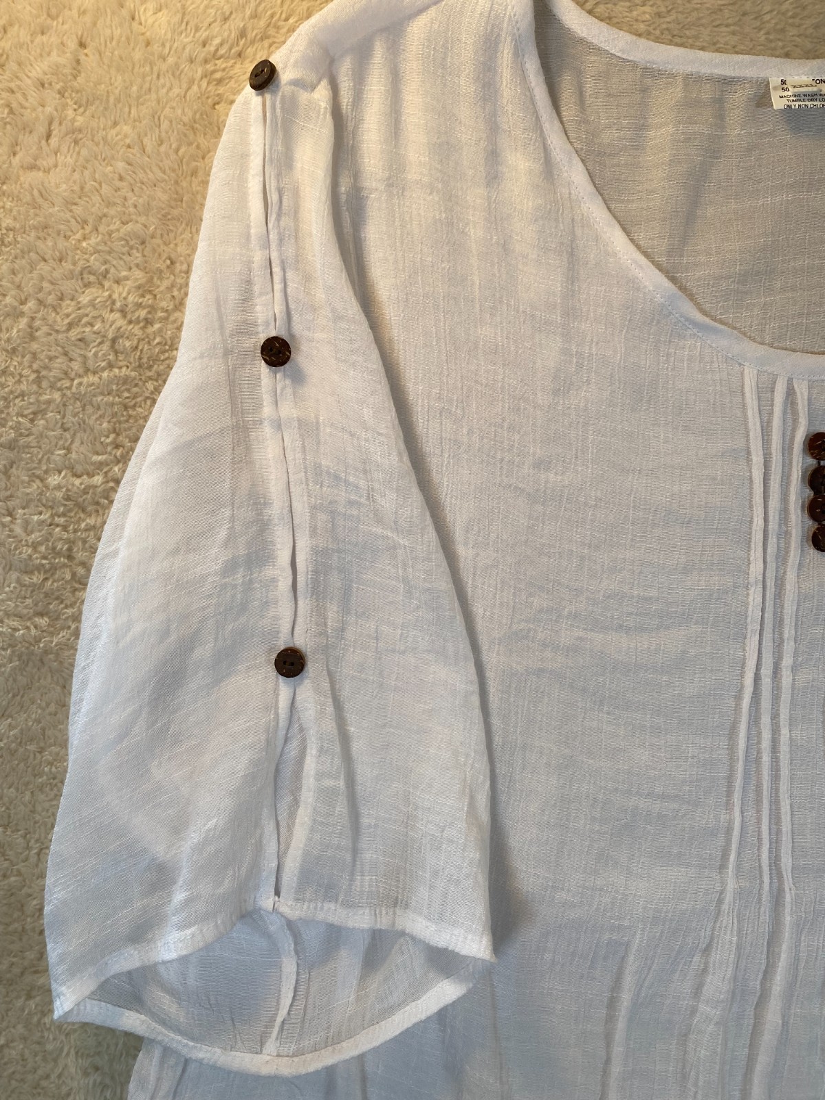 Silk and Cotton Blend Blouse Pintuck Button Accented Sleeves