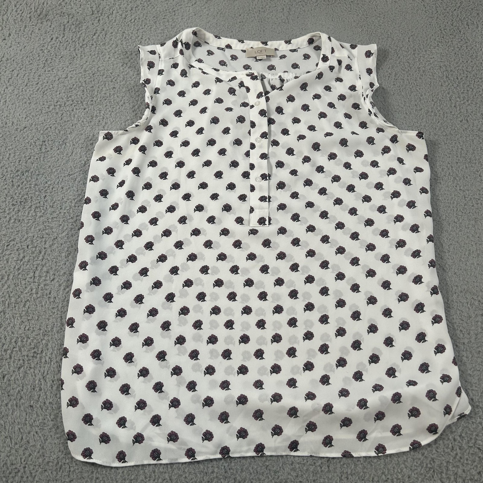 LOFT Blouse Womens Medium White Floral Cap Sleeve Henley Lightweight Top