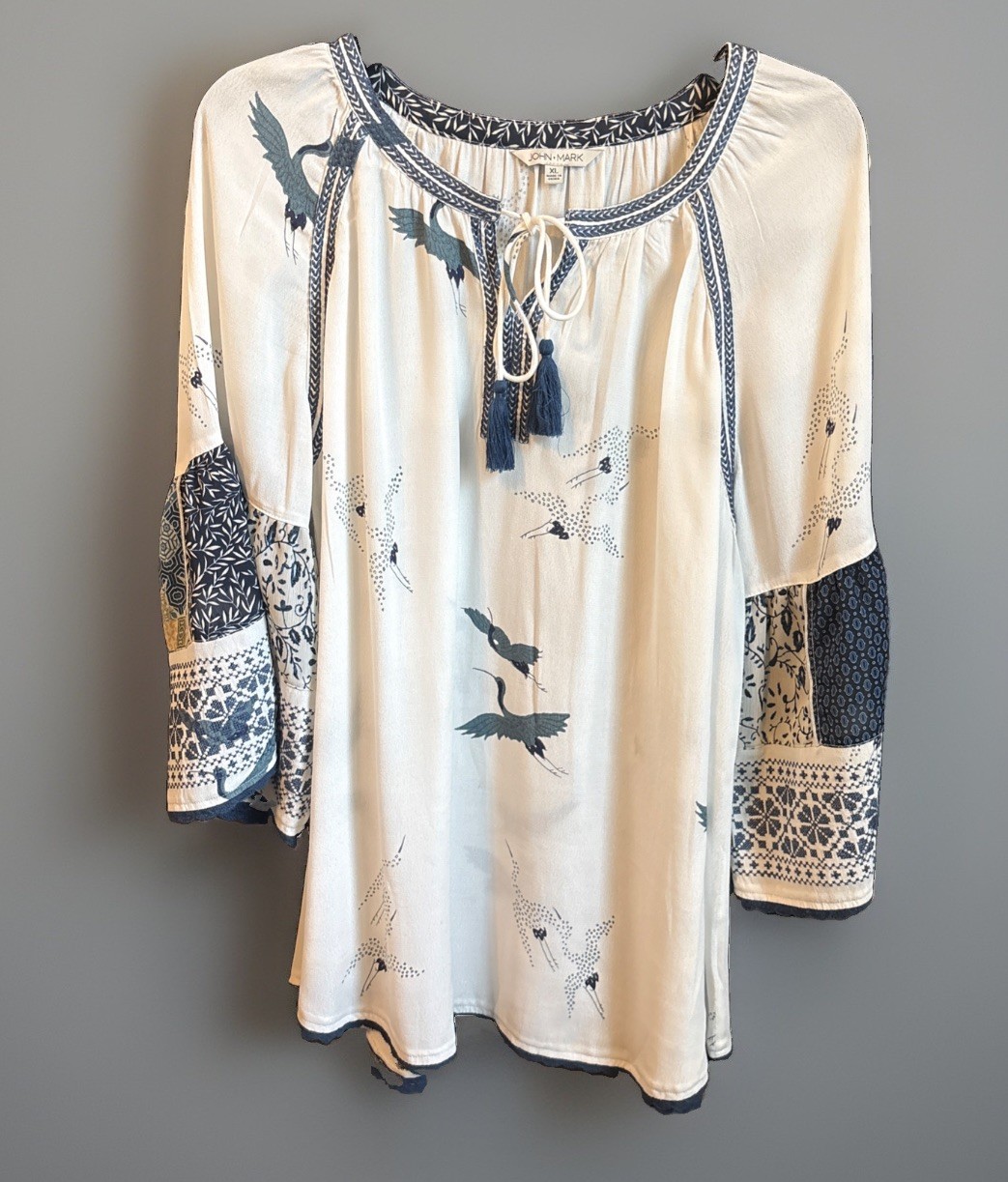 John Mark Womens XL Tunic Crane Bird Tasseled Artsy Patchwork Sleeve Boho Fairy