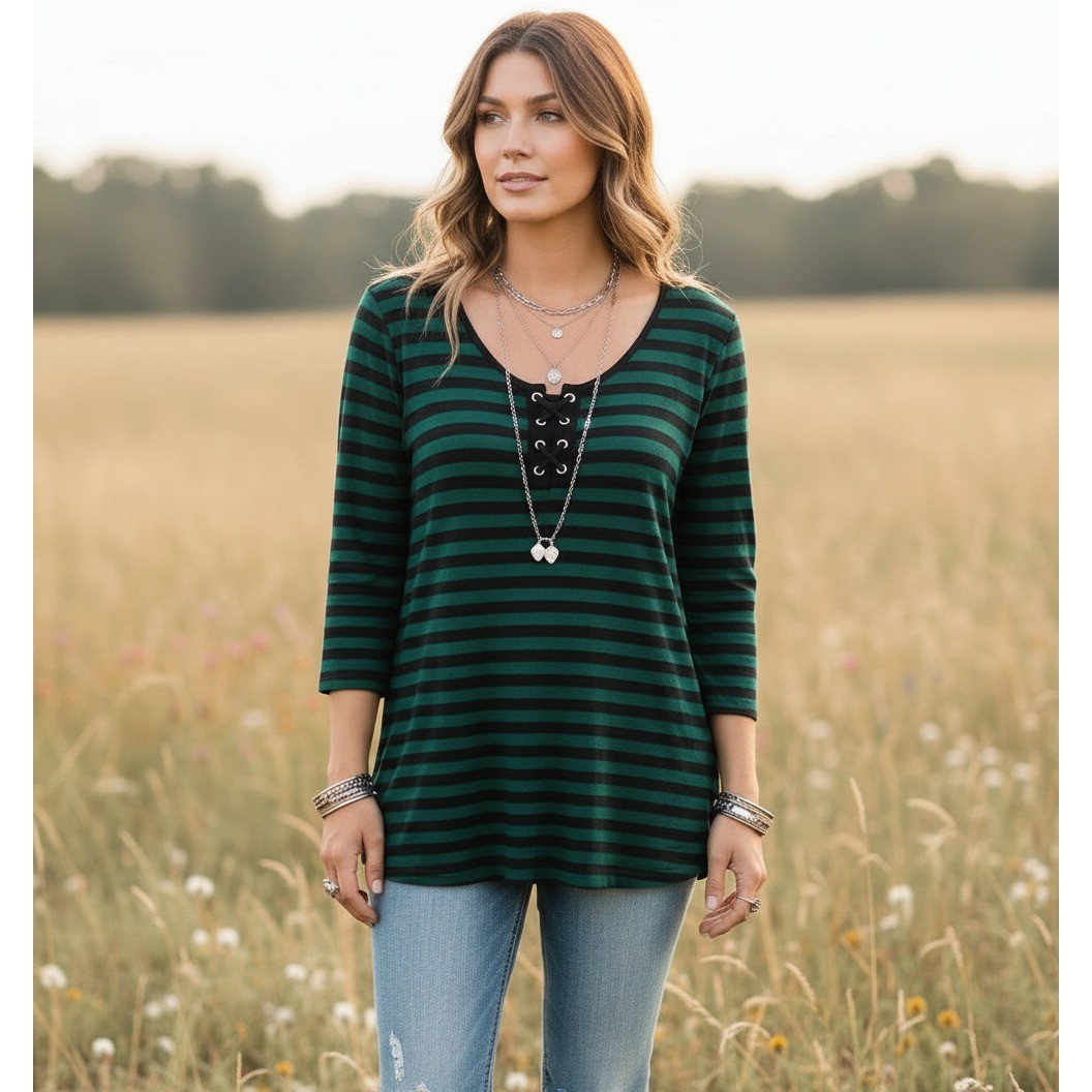 Cable & Gauge M Top Green Black Stripe Lace Up Tee Boho Casual Edgy Indie