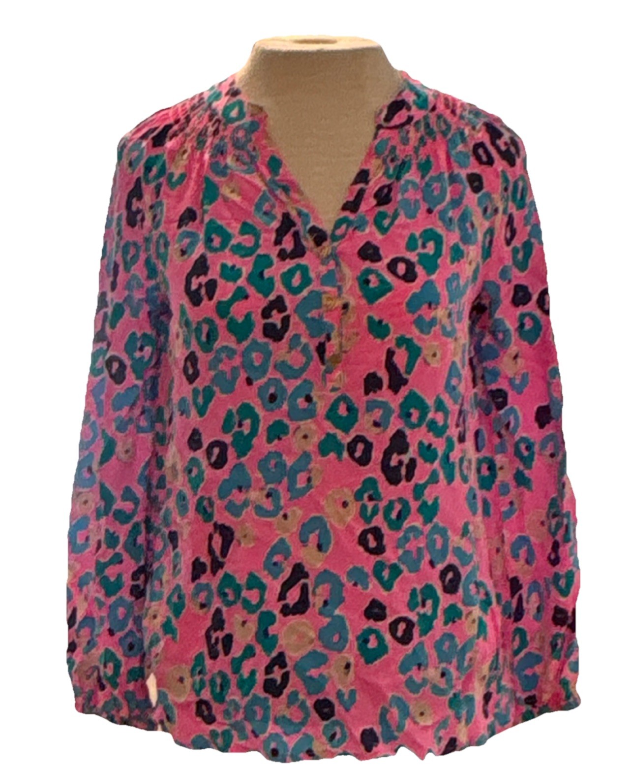 Lilly Pulitzer 100% Silk Animal Print Smocked Blouse Pink Blue XS Long Sleeve
