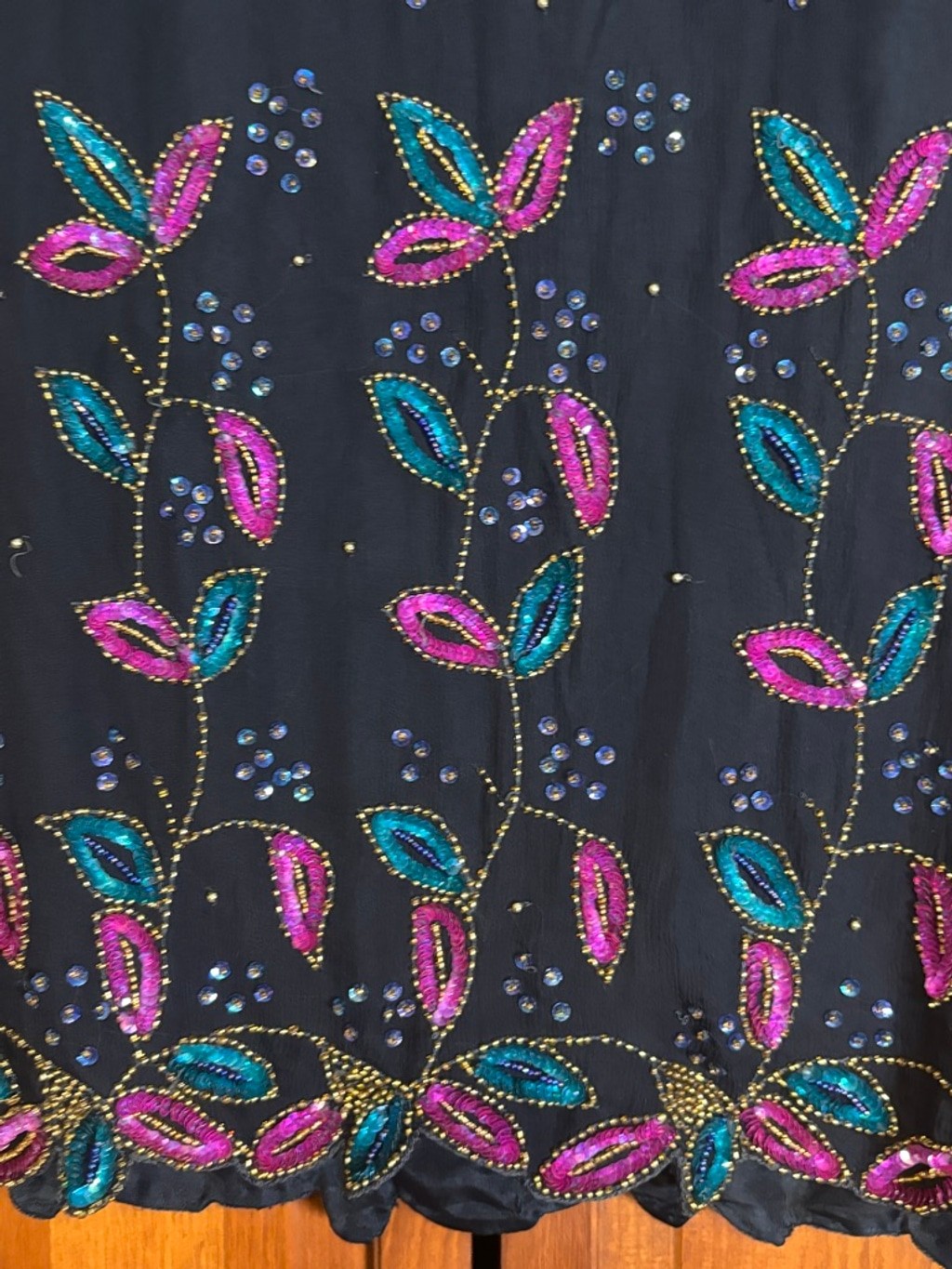 Stenay Silk Beaded Sequin Top Vtg 100% Silk Black Floral Embellished Blouse Med