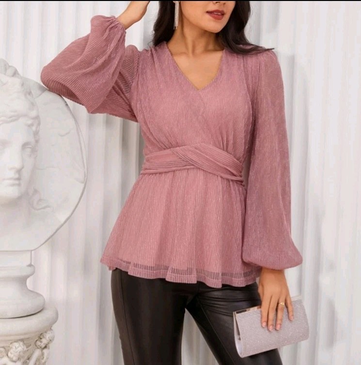Grace Karin V-Neck Lantern Sleeved Peplum Tops, Pink, Size Small