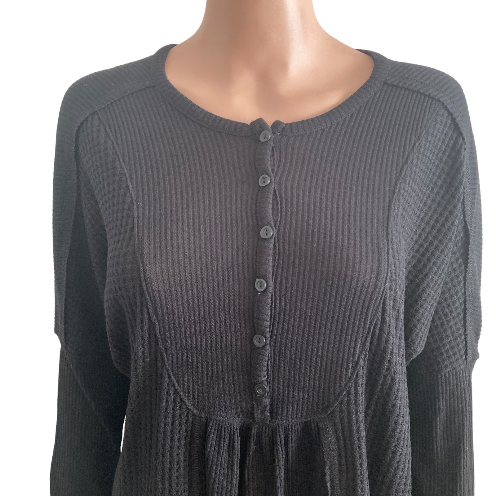 Gibsonlook Sweater Womens Medium Black Mixed Rib Waffle Knit Henley New