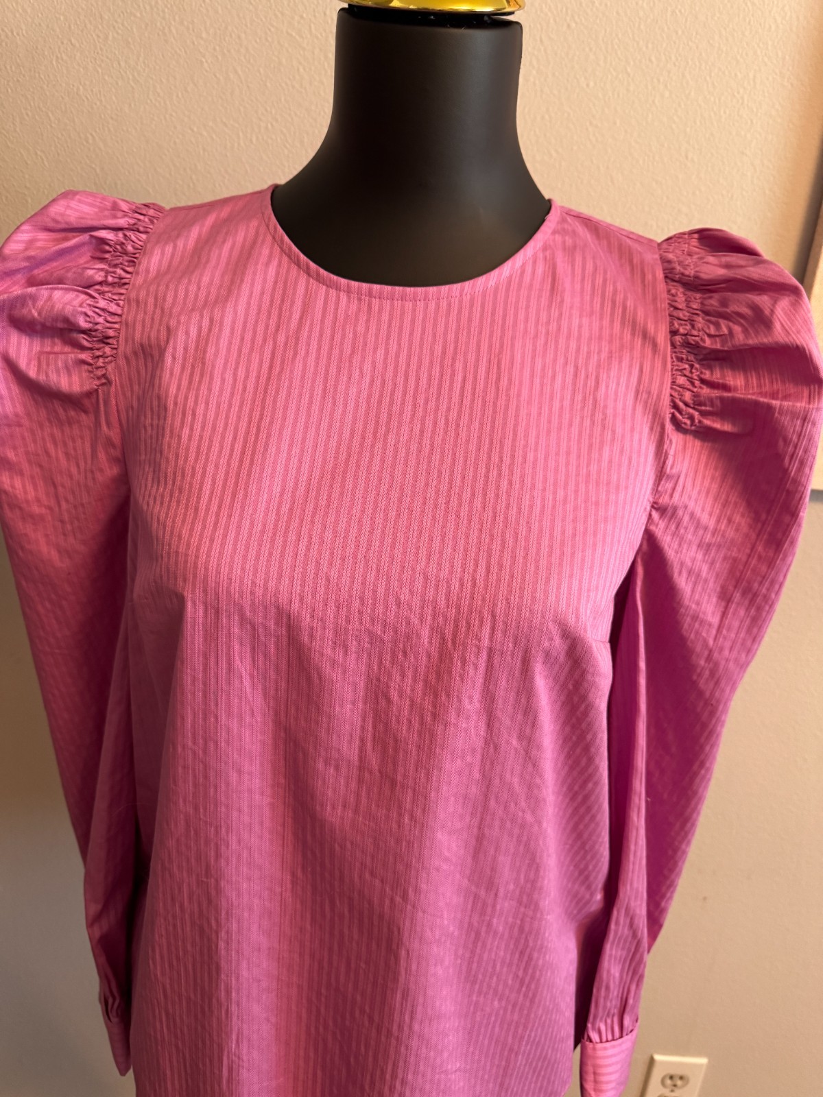 KATE SPADE NEW YORK Pink Textured Puff-Sleeve Long Sleeve Cotton Top – Sz S NWOT