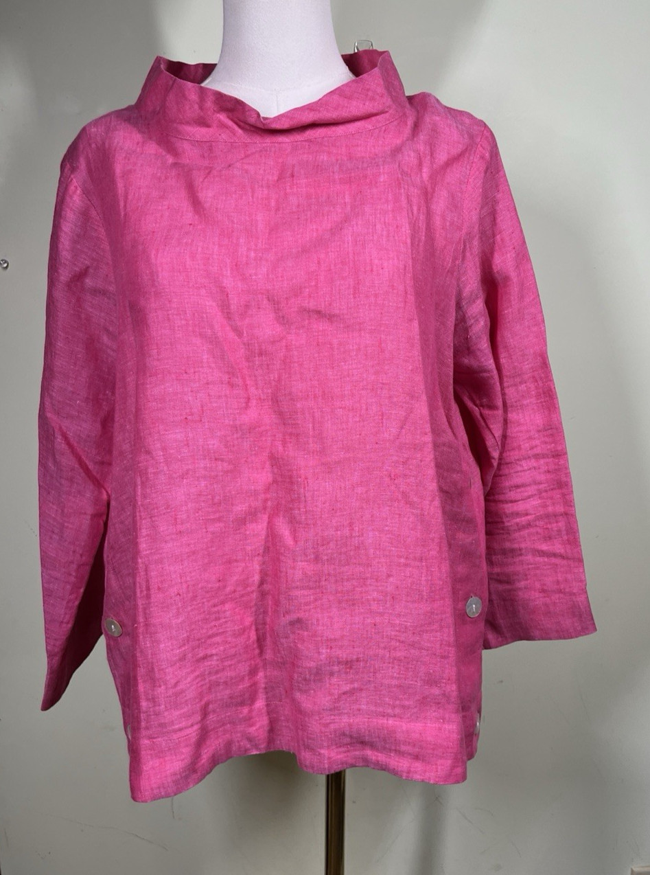 APNY Women’s Size M Pink Mock Neck Popover Linen Lagenlook Boxy Blouse Bohemian