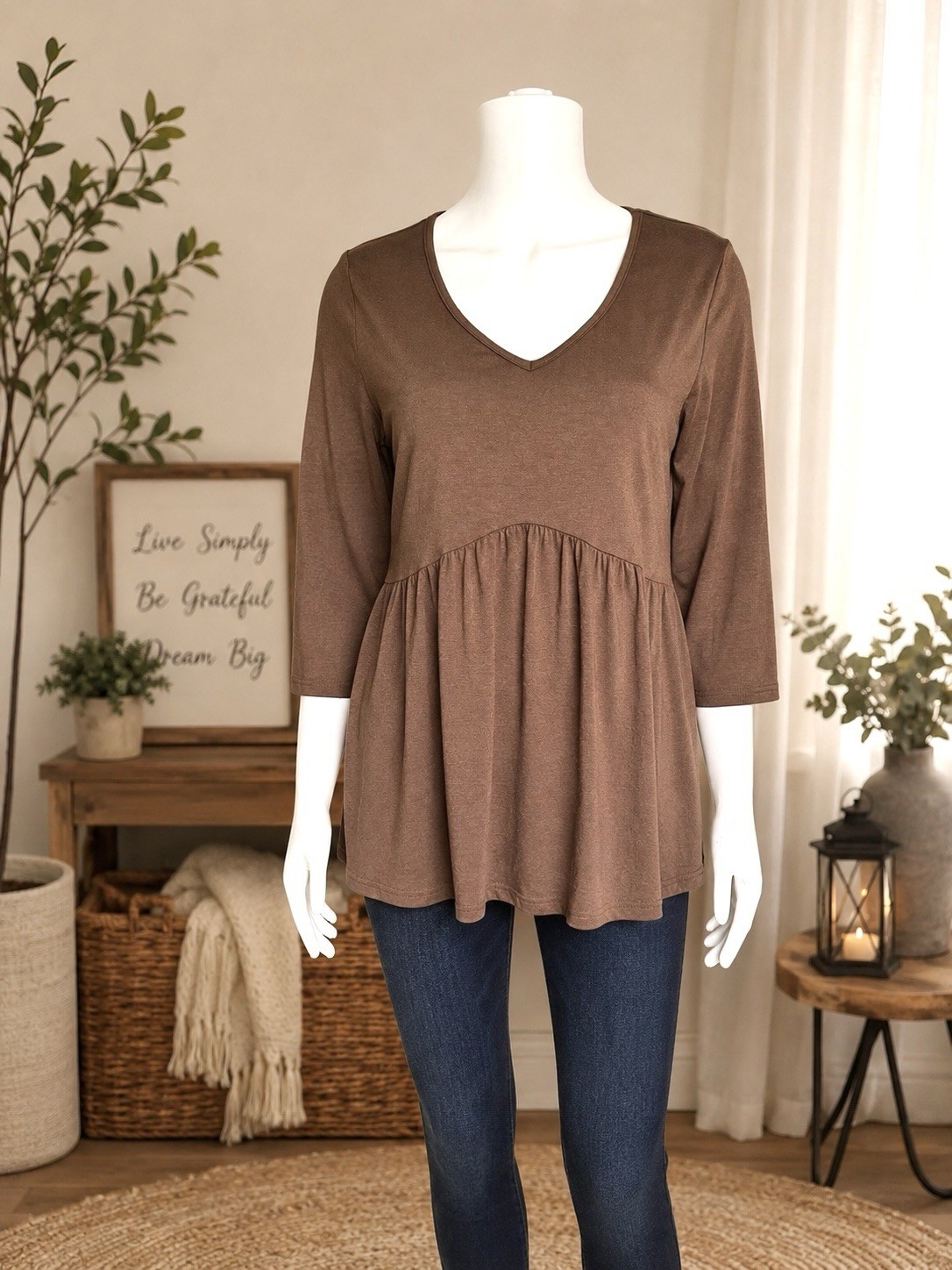 OFEEFAN Women’s Medium Light Chocolate Brown Babydoll Tunic Top 3/4 Sleeve Soft