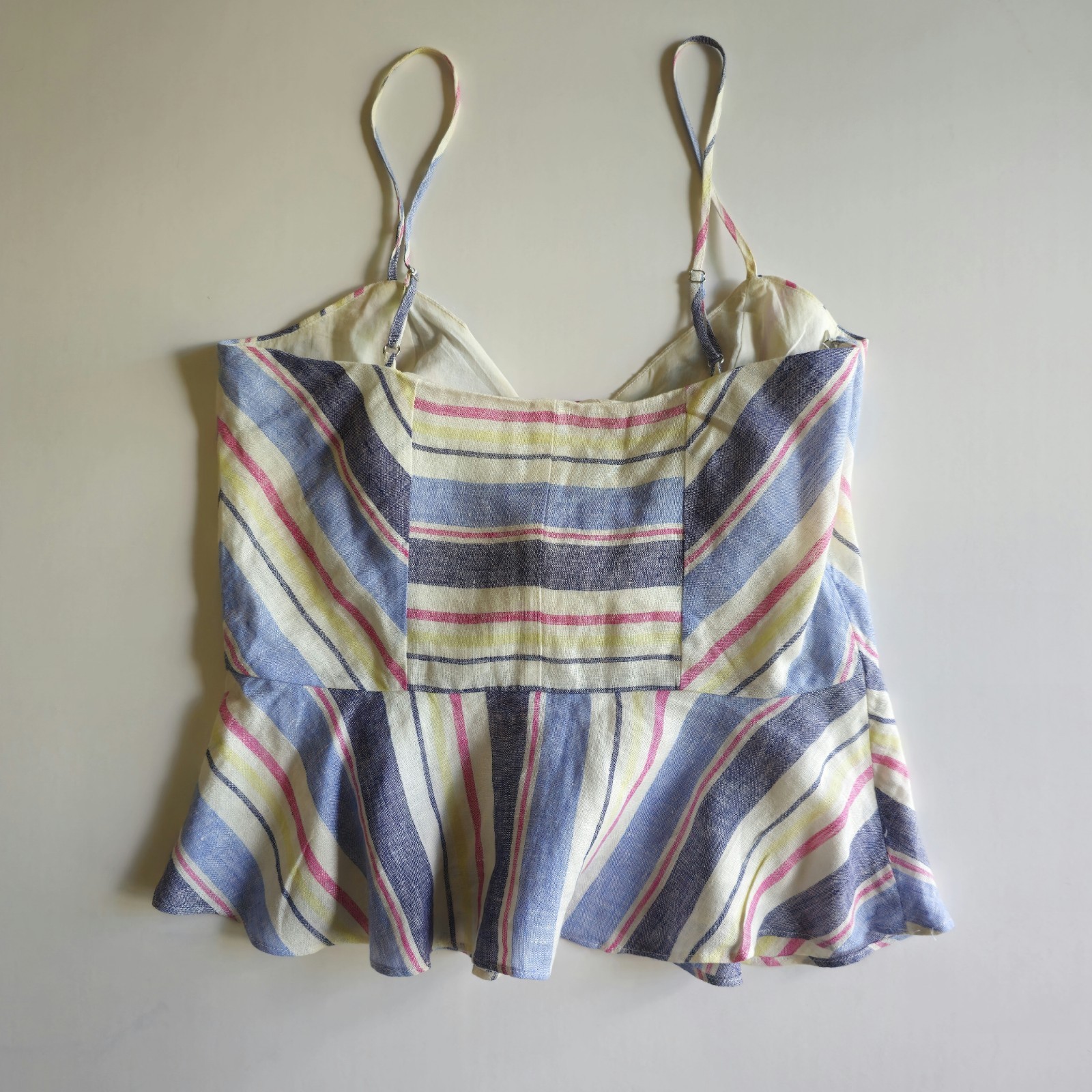 Parker Whitney 100% Linen Peplum Cami Top Tie Front V Neck Striped Sz M