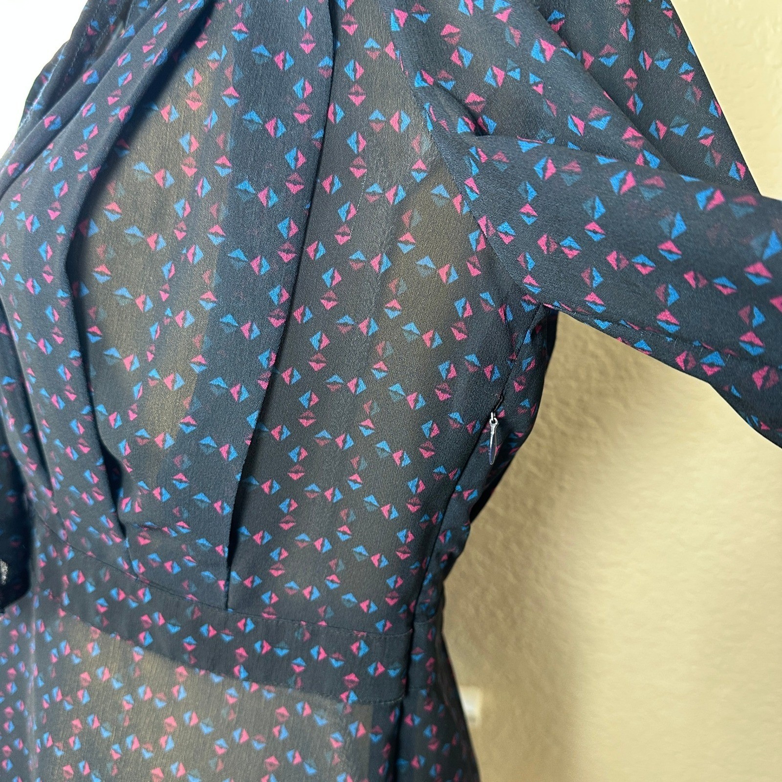 Derek Lam Collective Tie Blouse Womens 6 Blue Geometric Print Sheer Luxury Chic