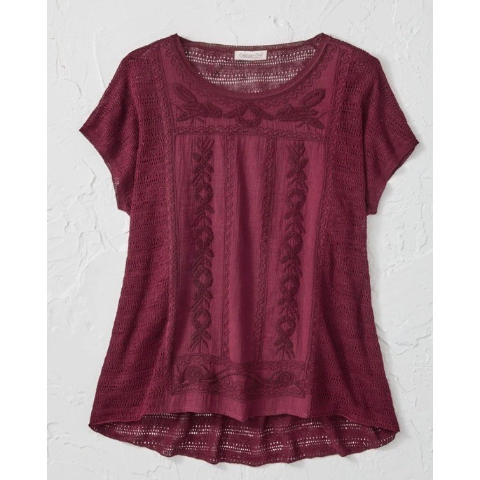 Coldwater Creek Tessa Tonal Sweater Short Sleeve Embroidered Top Red Wine 24653