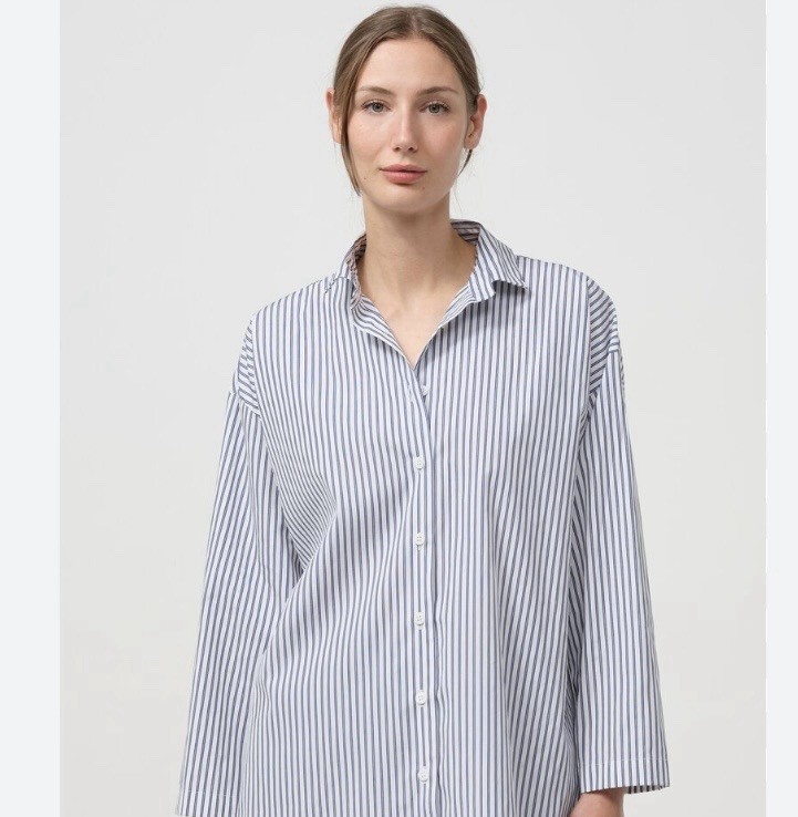 NWOT Bergfabel Blue and White Stripe Shirt Blouse Washed Cotton Poplin Overshirt