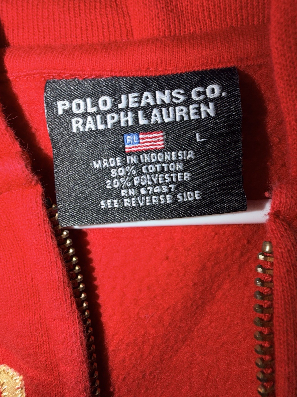 Polo Jeans Co. Ralph Lauren Red Full Zip Fleece Hoodie Logo Pockets Women’s L