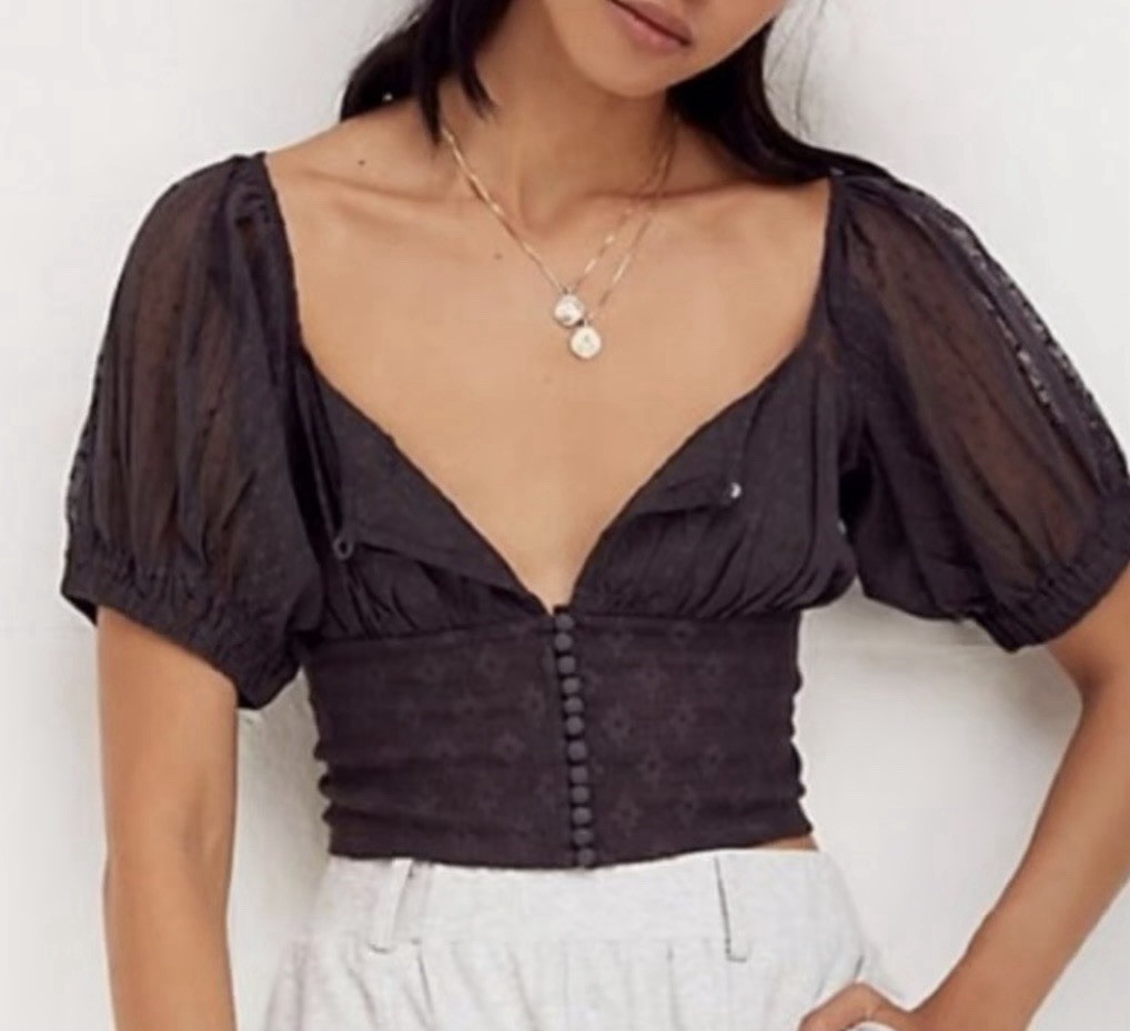Free People NWT $78 Brown Lace Sheer Crop Heartstrings Top Size S