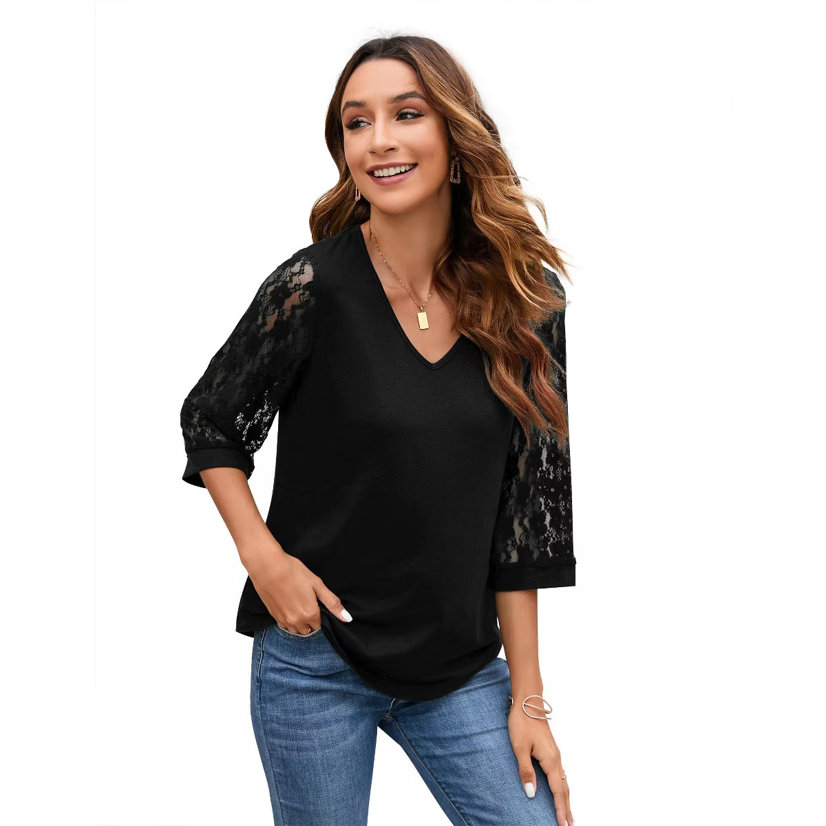 Womens 3/4 Sleeve Patchwork V Neck Lace Sleeve Tops Spring Summer Elegant Soild