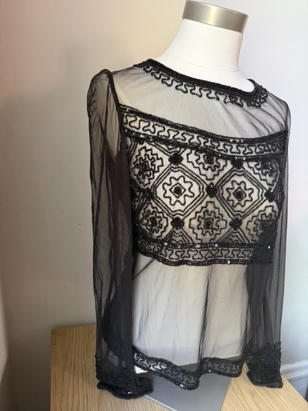 Vintage Y2K Goth Black Ornate Beaded Sequin Mesh Sheer Top Large