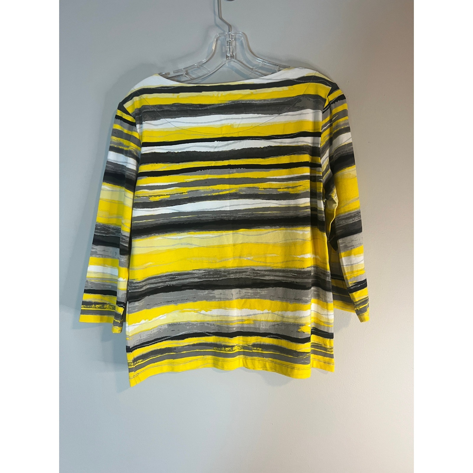 Ruby Rd Womens Yellow Grey Striped Sequin Boat Neck 3/4 Sleeve Knit Top Size M