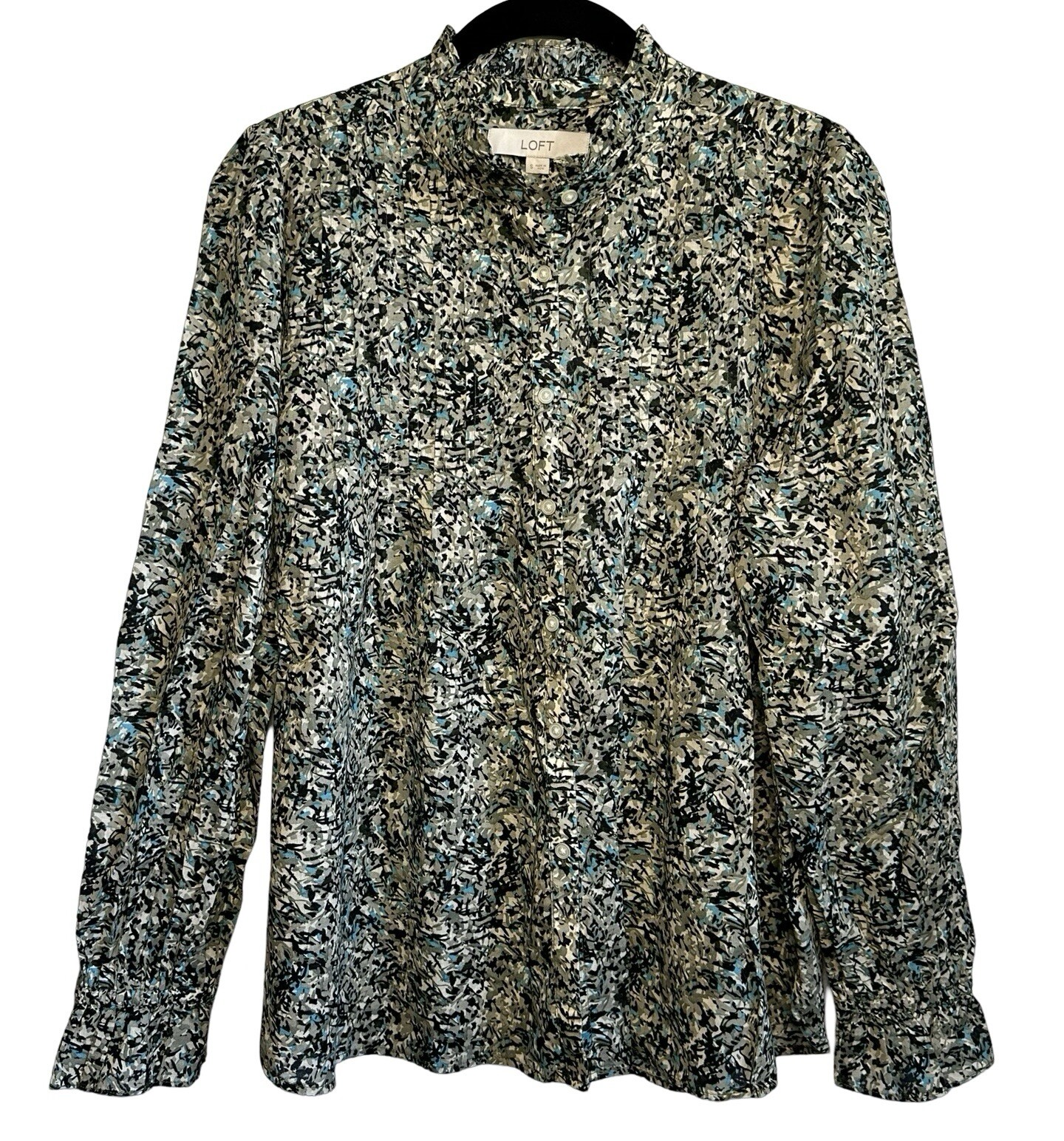 LOFT NWT Printed Pintucked Ruffle Long Sleeve Button Front Blouse Size Small