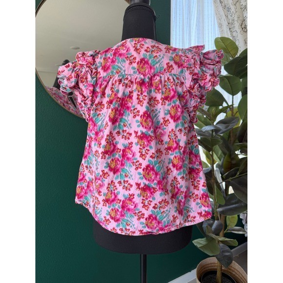Love The Label Pink Floral Ikat Ruffle Flutter Sleeve Cotton Blouse Size Small
