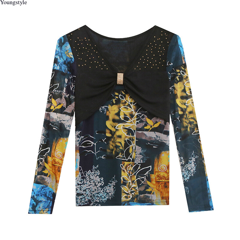 Sexy Korean Women Mesh Rhinestone Slim Casual Party Cocktail Tops Blouse Shirts