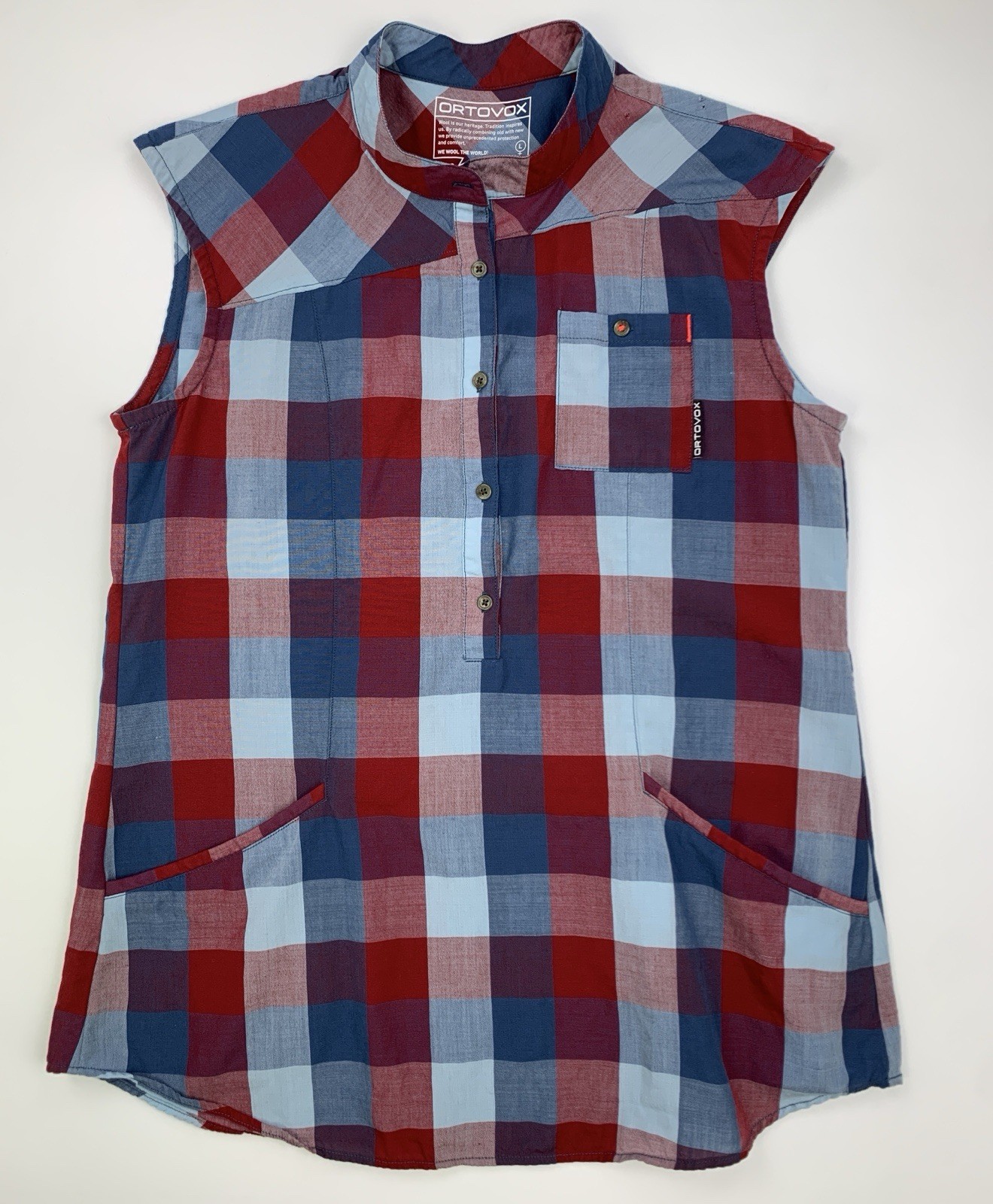 Ortovox Cortina Tunika Shirt Plaid Sleeveless Pocket Vest Wool Blend Size L