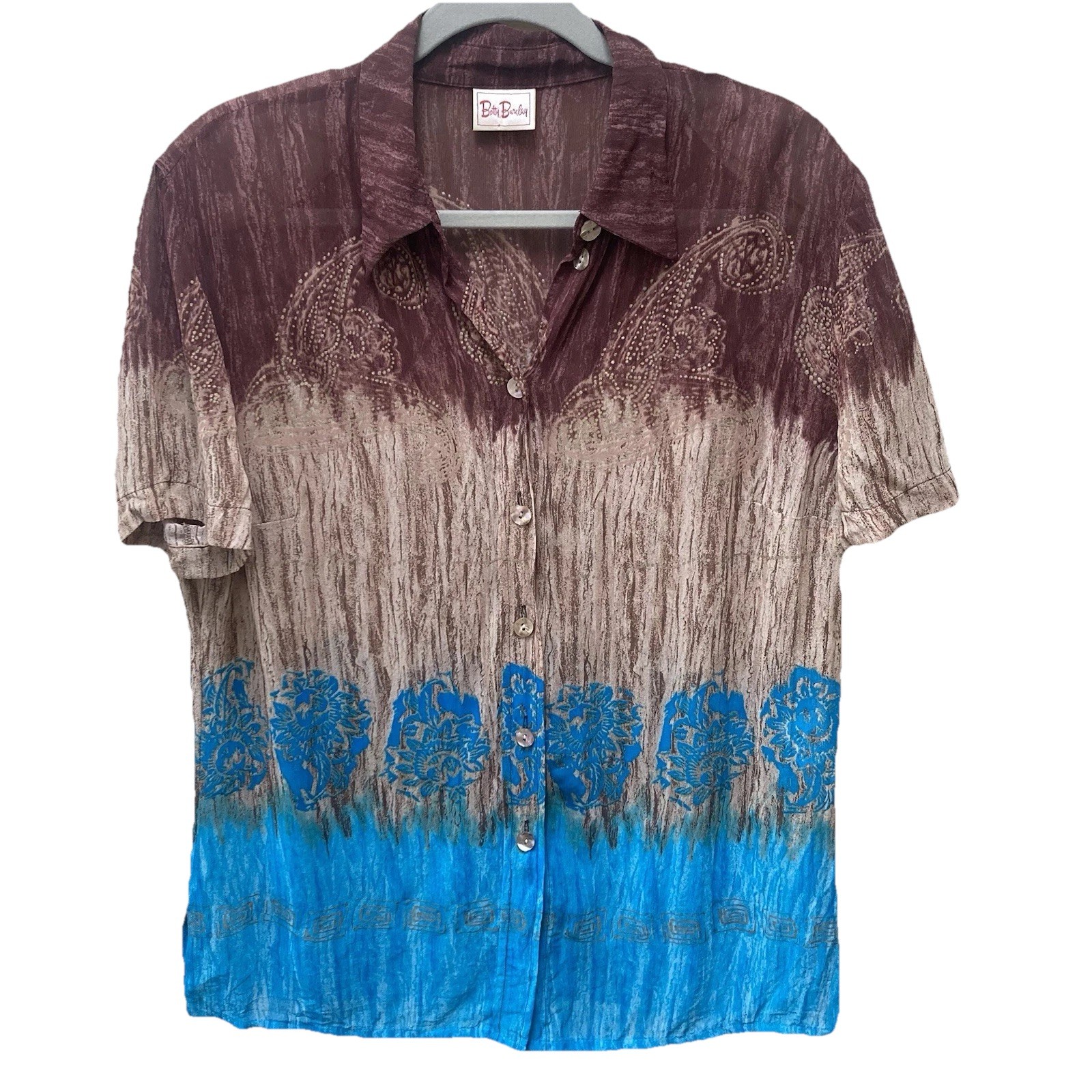 Vintage Betty Barclay Blouse UK 16 EU 42 Brown Turquoise Ombre Paisley Viscose