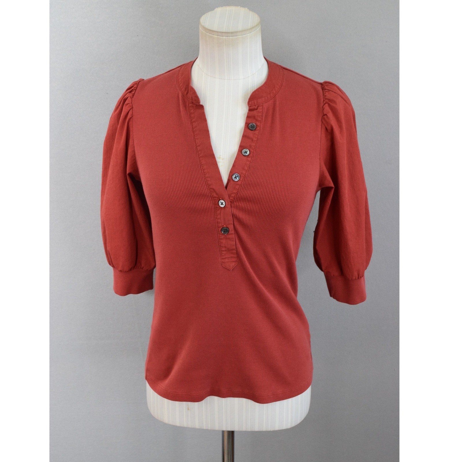 Veronica Beard Coralee Henley Top S Terracotta Puff Sleeve Ribbed Pima Cotton