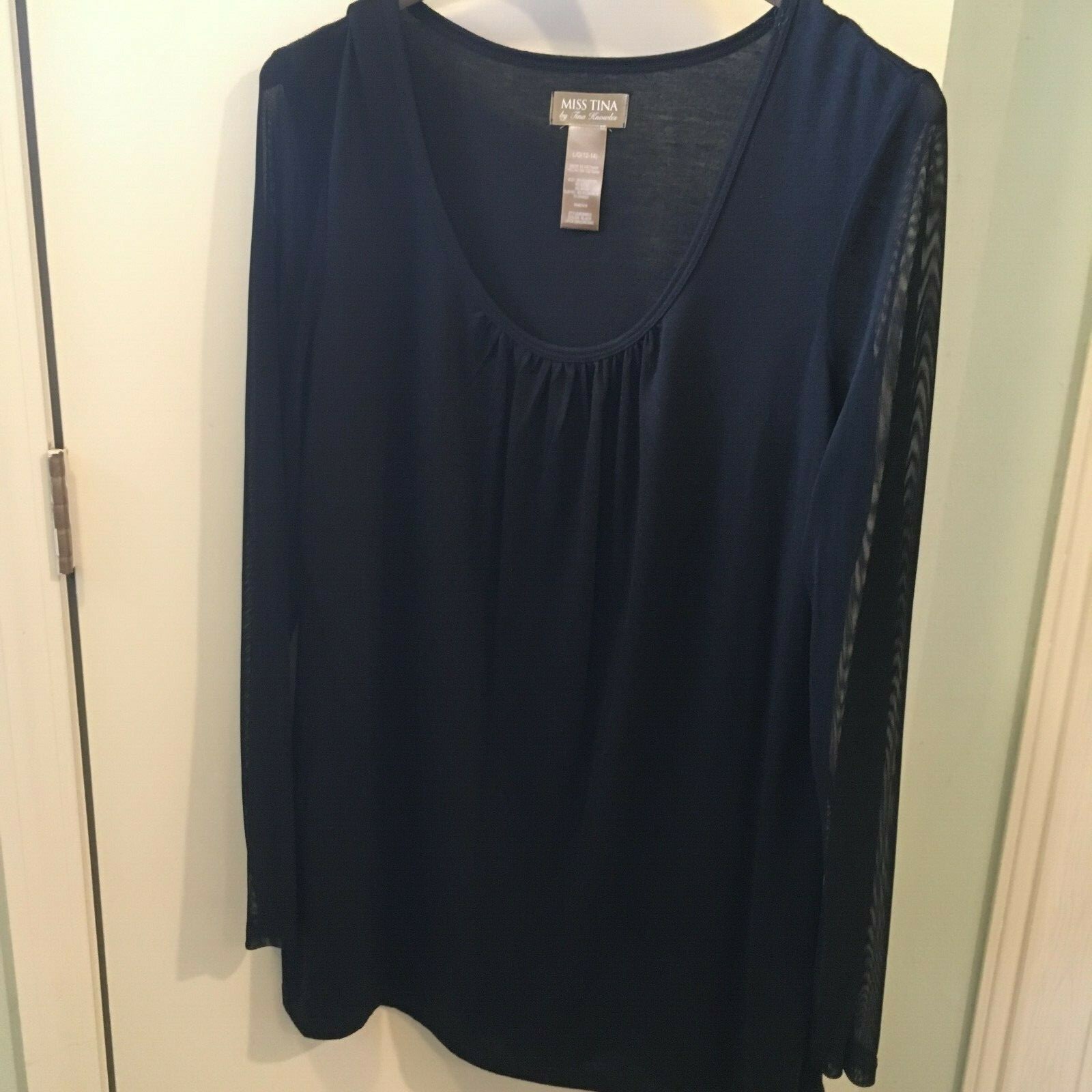 NEW Miss Tina Silky Black Tee Sheer Sleeves Polyester/Rayon Blend L