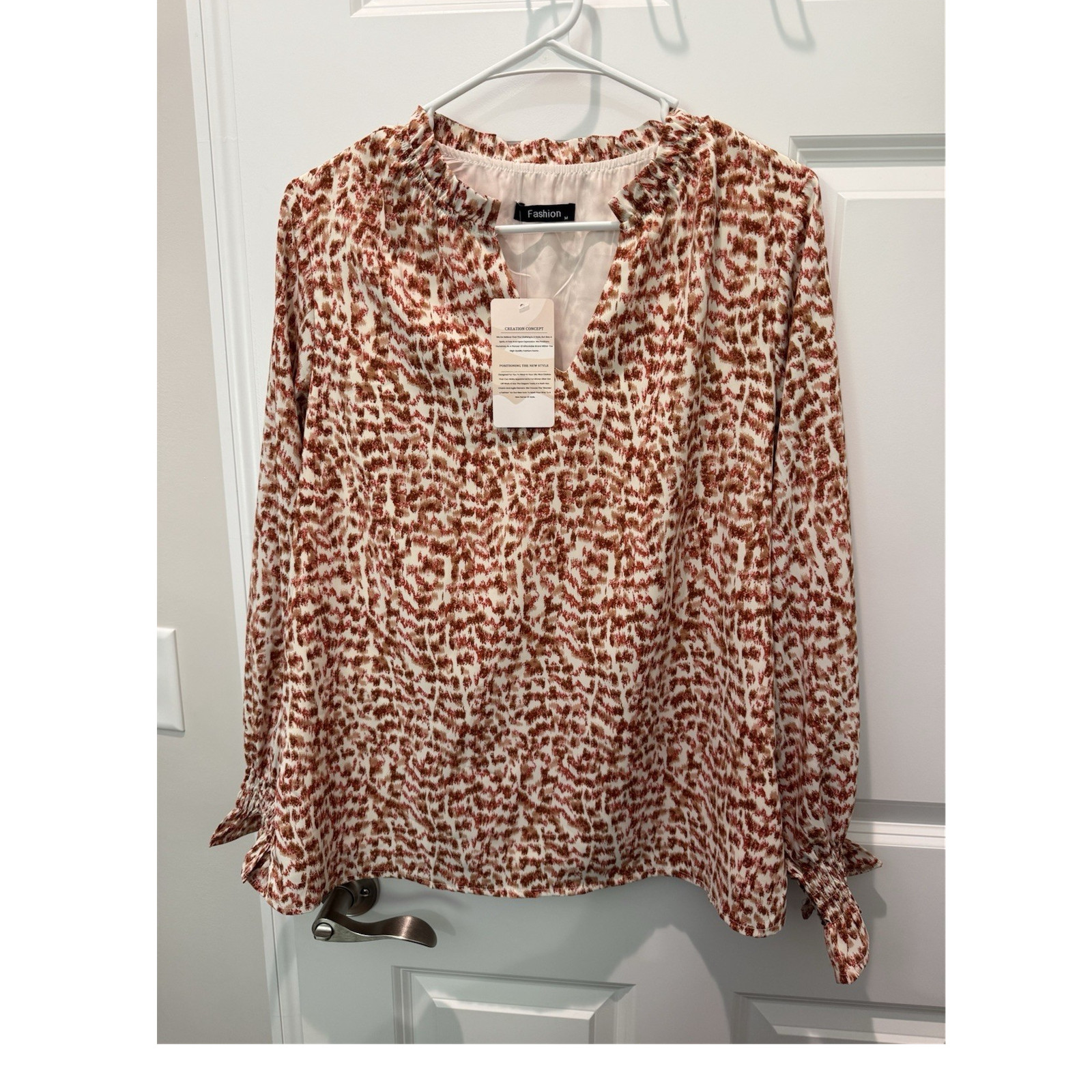 Fashion Women’s Abstract Print V-Neck Long Sleeve Pullover Blouse White Brown M