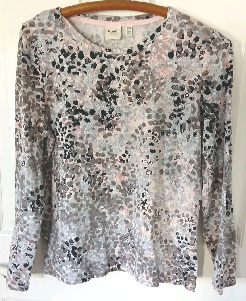 Rafaella – Womans Top – Pink Gray White Abstract Design With Sparkly Dots – S M
