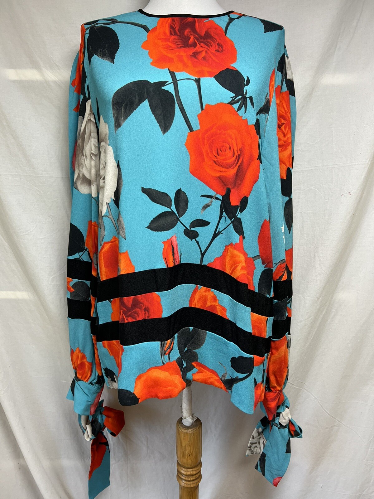 MSGM Vibrant Floral Blouse Top Tunic Long Tie Sleeves Sz 42 8 Colorful Roses