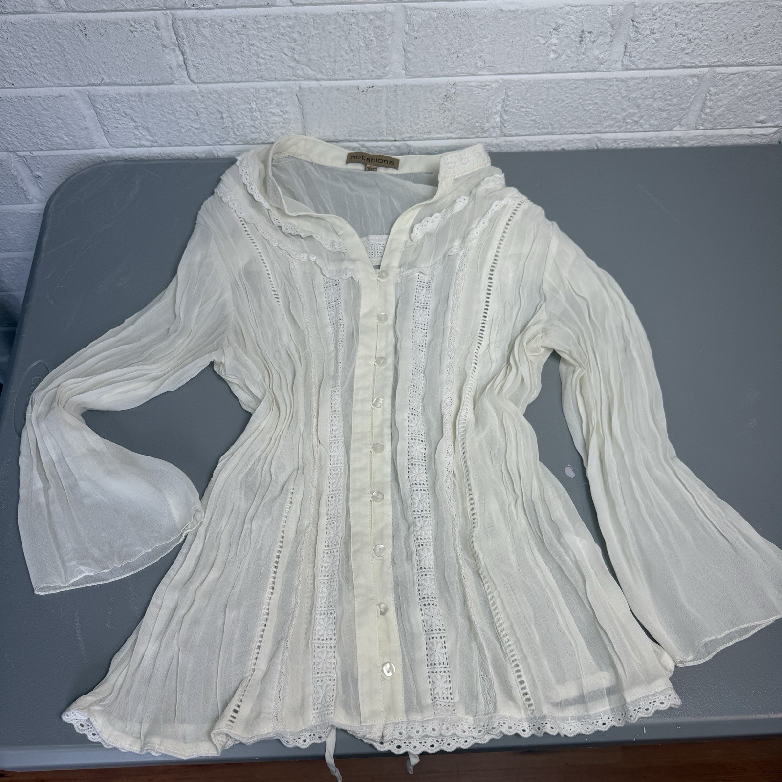 Notations Blouse Vintage 90s Button Sheer Top Whimsy Fairy Boho Flowy Lace L