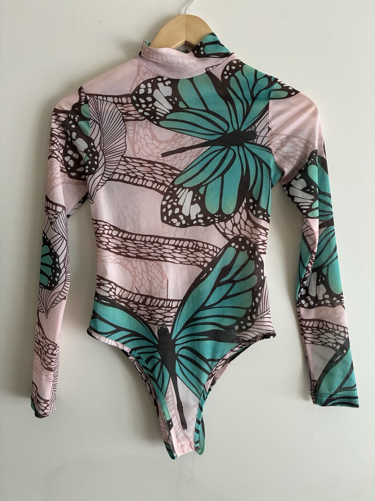 Half Heart Women Butterfly Sheer Polyester Mock Neck Long Sleeve Bodysuit Pink S