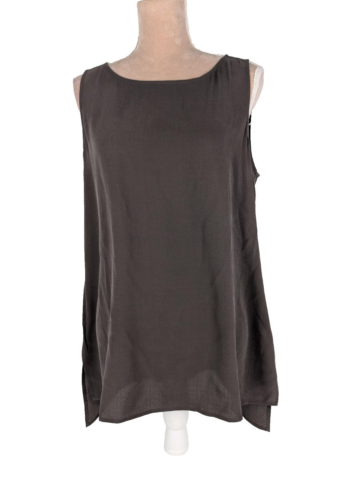 Eileen Fisher Silk Crepe Dark Gray Brown Tunic Tank Sz M Washable Closet Staple