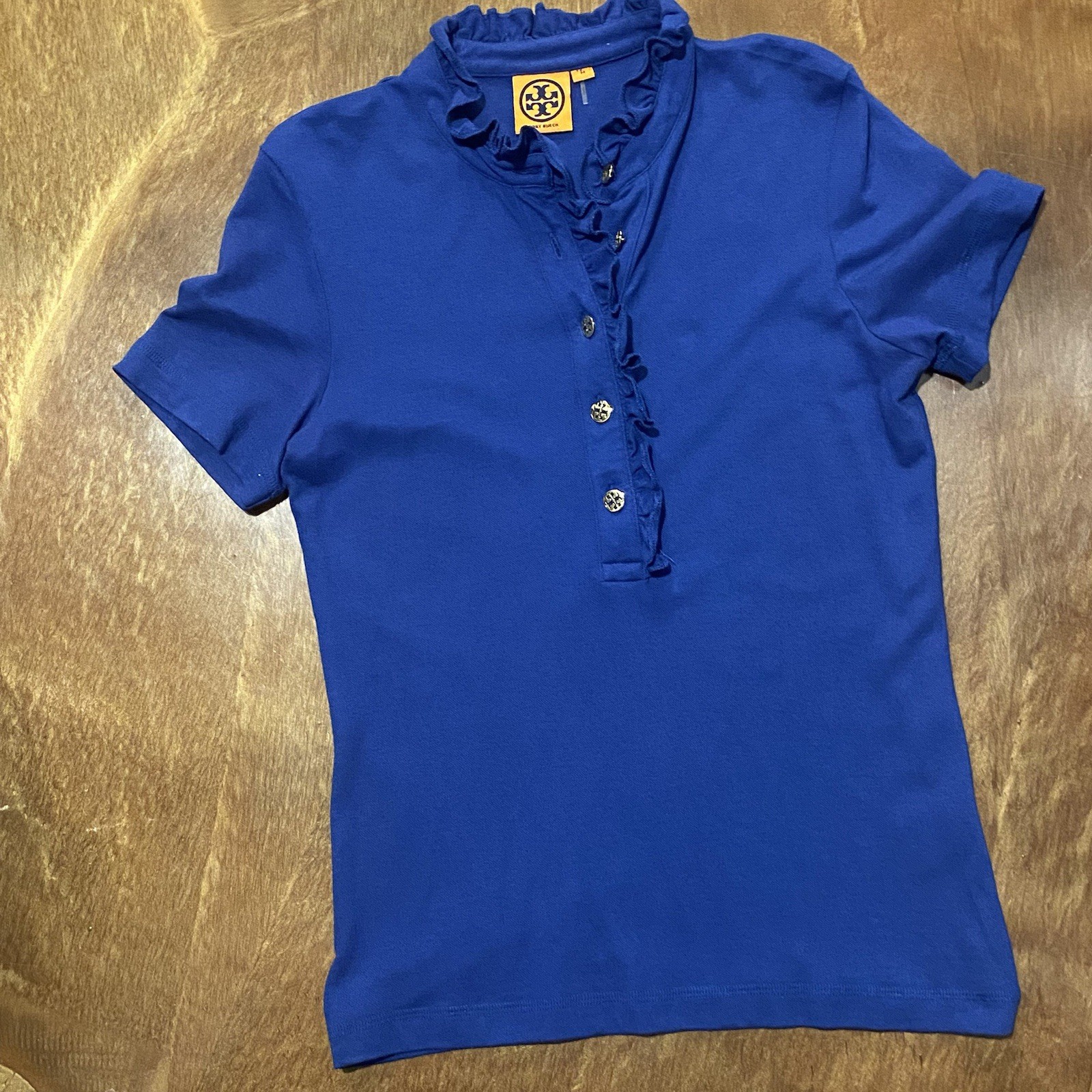 Tory Burch Lidia Ruffle Polo Shirt Women’s Sz Medium Blue with Gold Logo Buttons