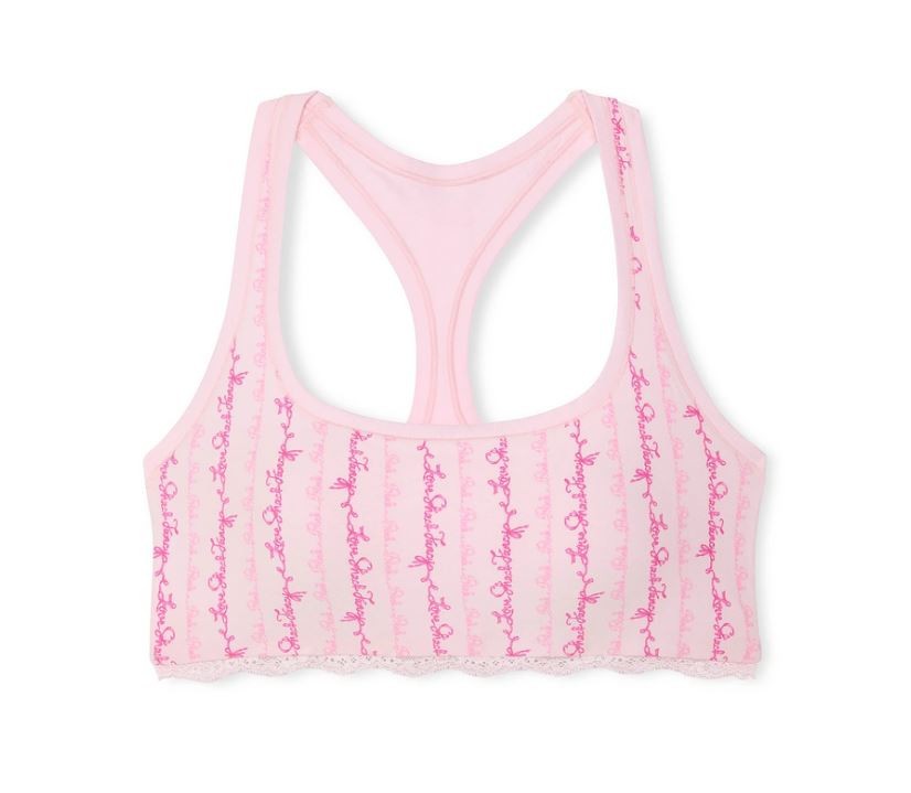 NWT PINK x LOVESHACKFANCY Cotton Racerback Wireless Bralette Logo Mania Pink S