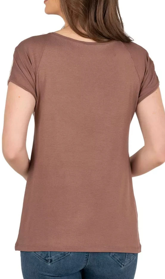 Womens S /M Floral Viscose Knit Top Ivory Brown Short Sleeve Casual Blouse Comfy