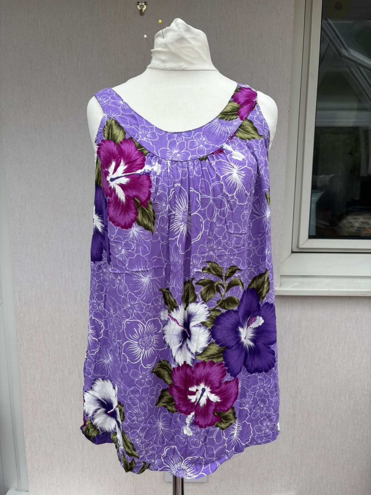 Vintage Aloha Fashion Hawaiian Hibiscus Tank Top Purple Rayon Boho UK L Y2K