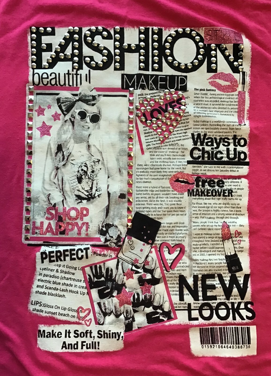 Fashion Studded Women’s T-Shirt 2” Gathered Hem, Pink, Size XL