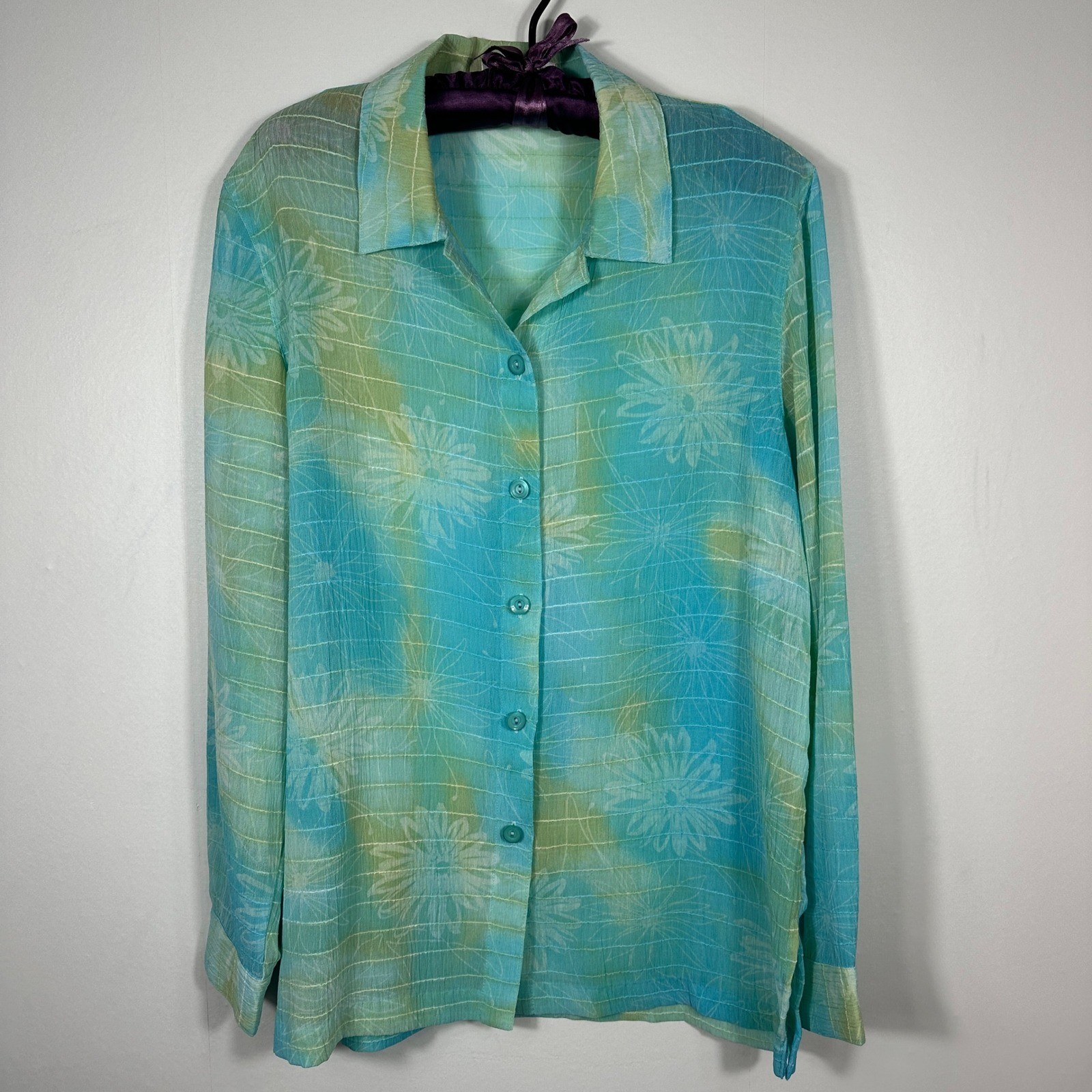 Draper’s & Damon’s Aqua Blue Sheer Button Front Blouse Floral Stripe M