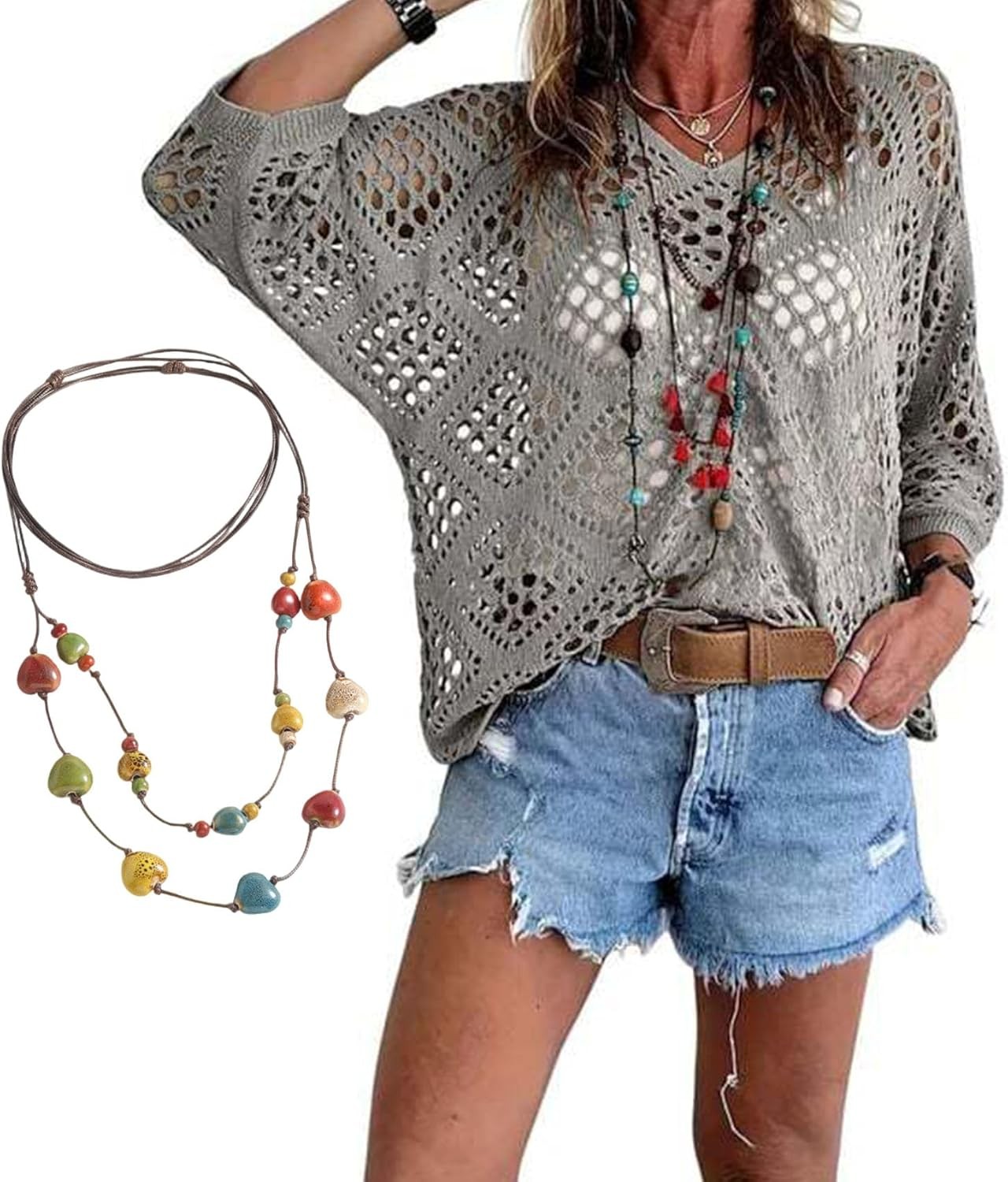 Women’s Bohemian-Inspired Beige Crochet Top with V-Neck