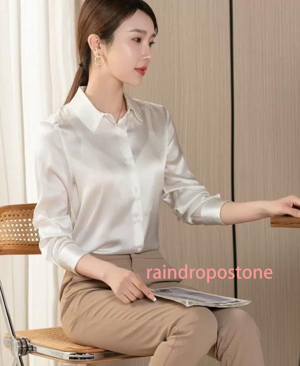 Imitated Silk Satin Long Sleeve Button Down V Neck Workwear Blouse Top Shirts