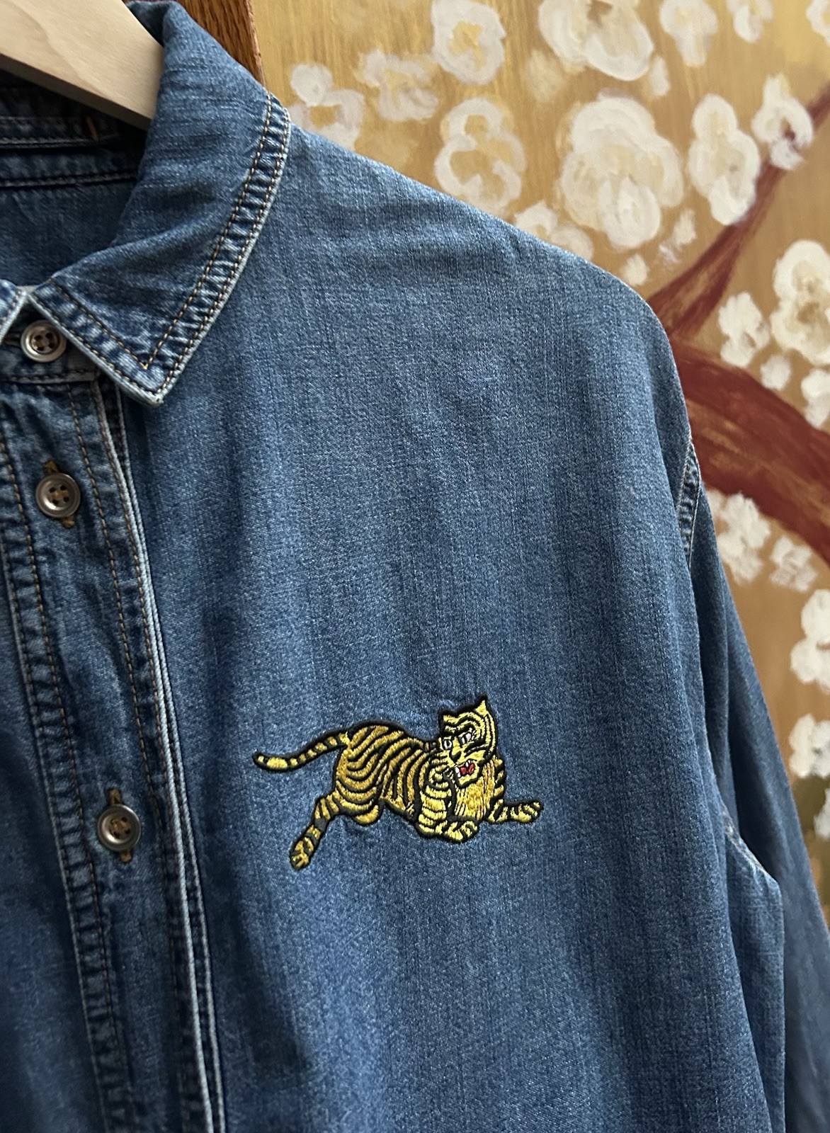 Kenzo Paris Embroidered Tiger Denim Long Sleeve Women’s Shirt In Blue Size 38