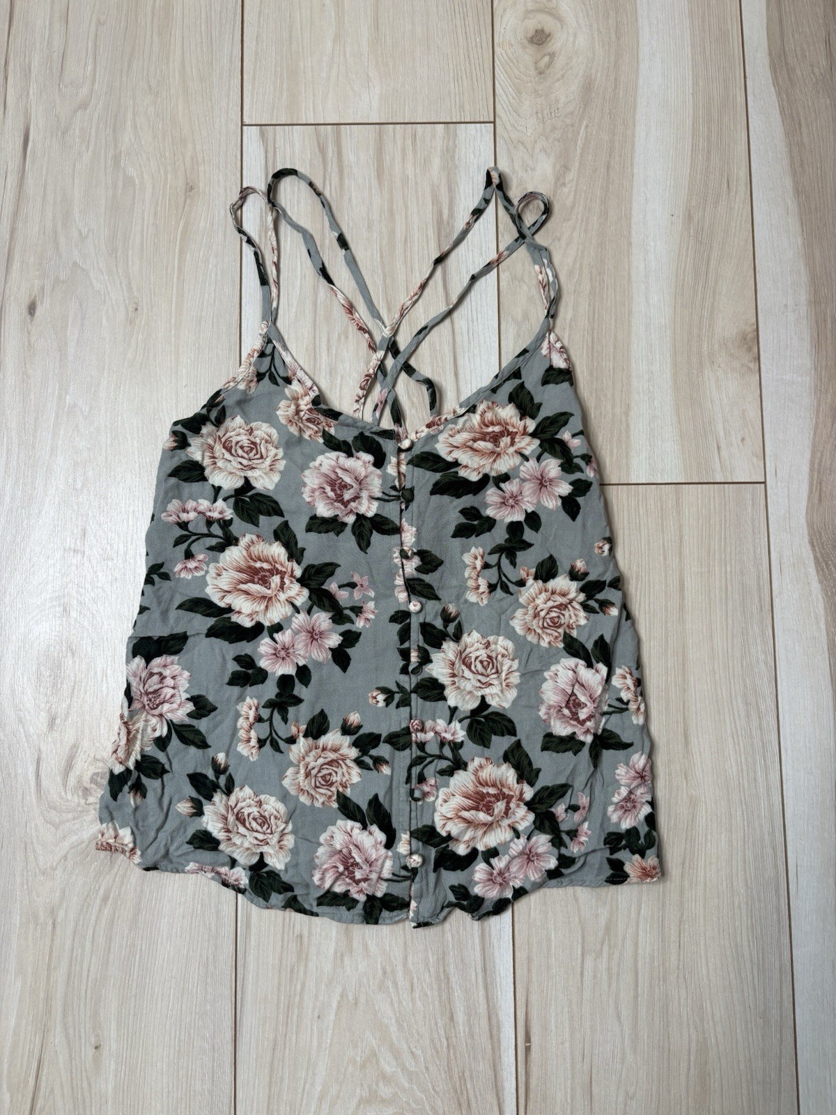 Gray Floral Button Front Strappy Cami Tank Top Women’s M Boho Cottagecore
