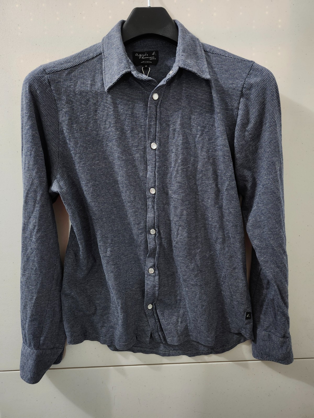Agnes b Paris Top Womens XS Blue Pearl Snap Long Sleeve Texture Melange Cotton