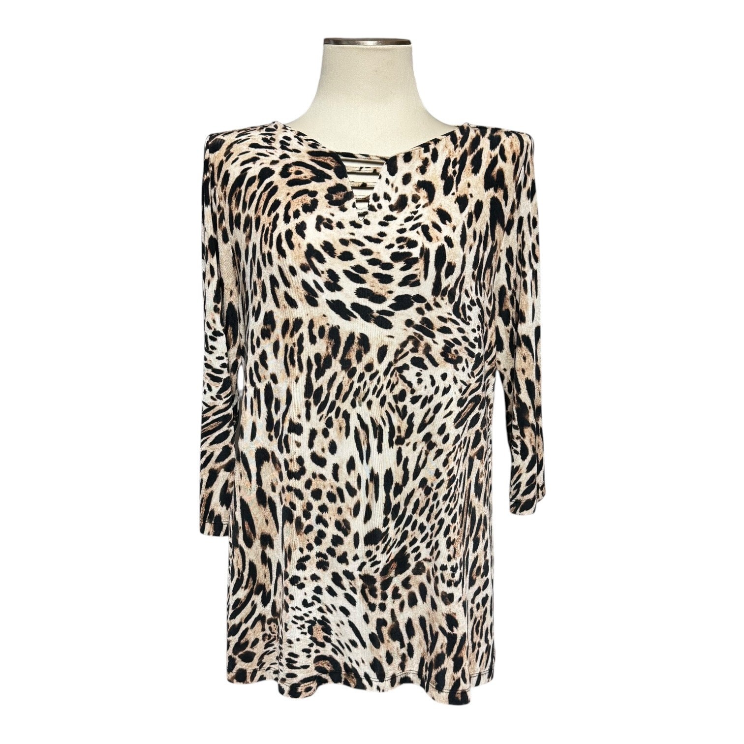 Chico’s Travelers 3/4 Sleeve Tunic Top Brown Tan Beige Leopard 8/10