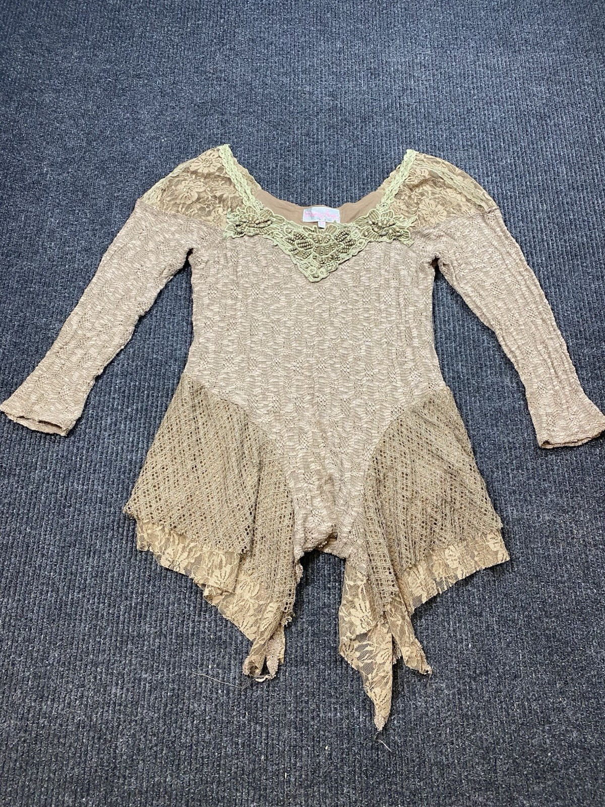 Pretty Angel Tunic Womens Boho Layered Romance Top Brown Green Beaded EUC Sz M