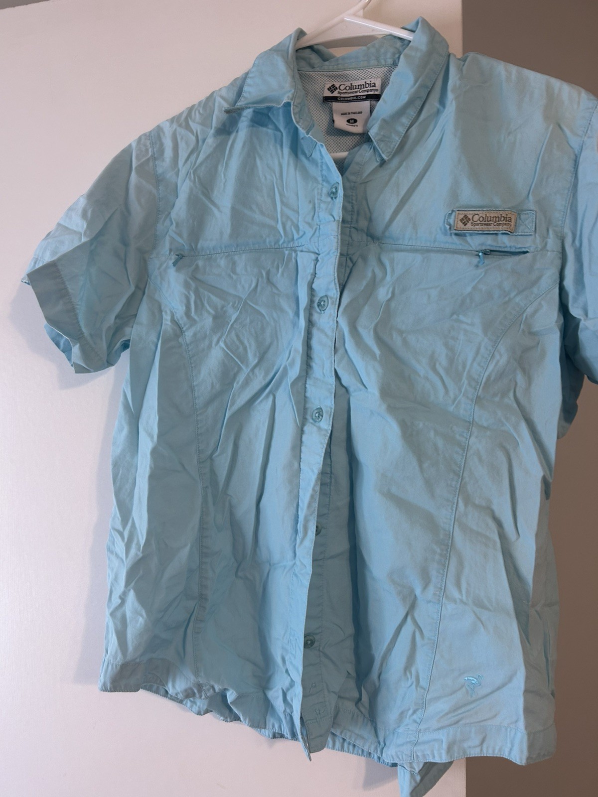 Columbia Shirt Women M Medium Blue Button Up Collared Cotton Lined Short Sleeve