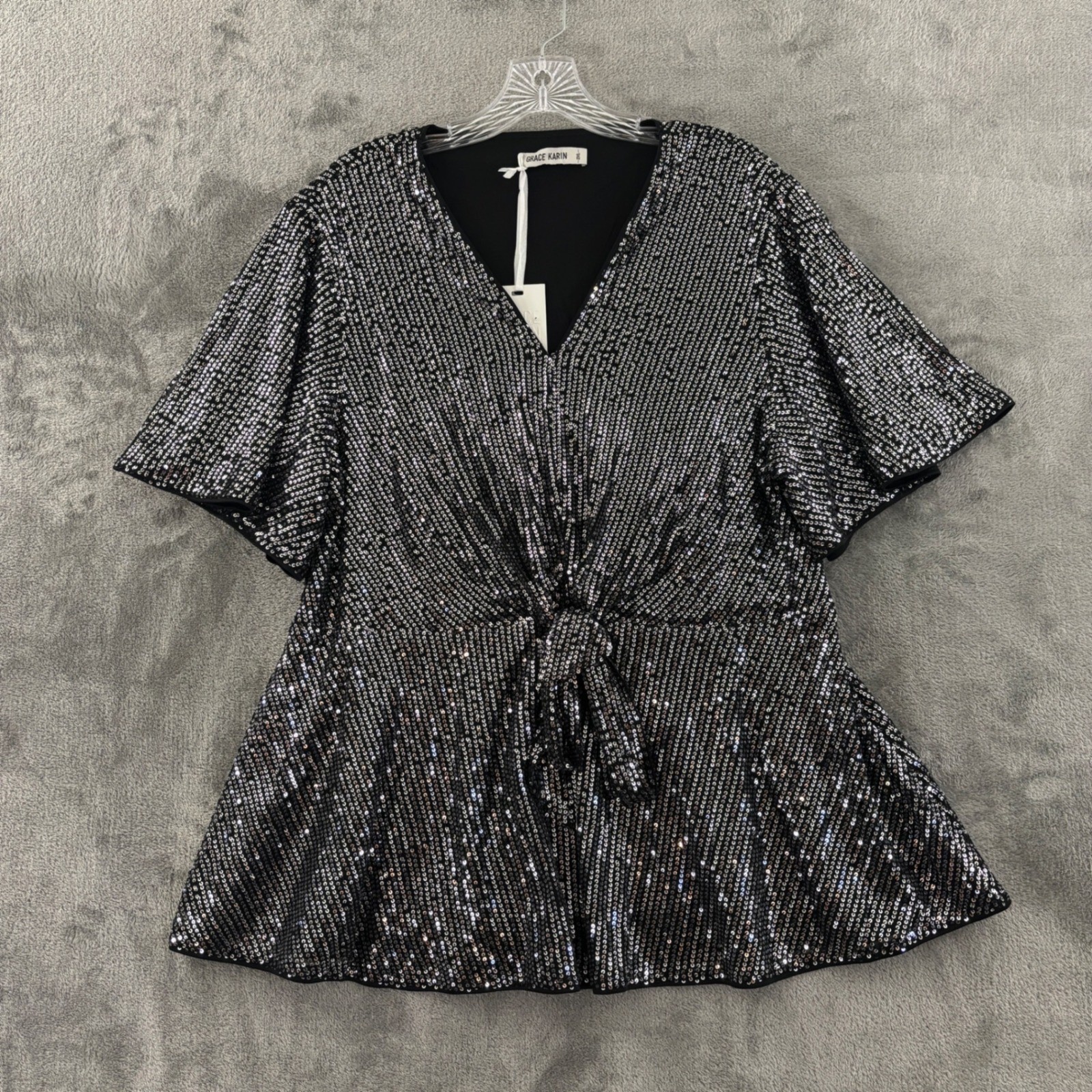 Grace Karin Sequin Peplum Top Flutter Sleeve Womens 2XL Black Silver V-Neck Belt