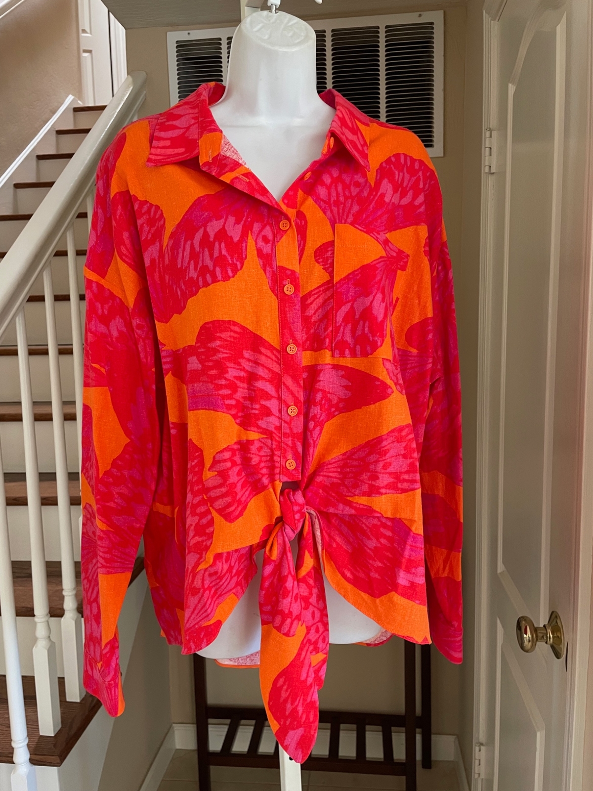 NWOT Scoop Pink Orange Butterfly Print Linen Blend Tie Front Top XL 16 18